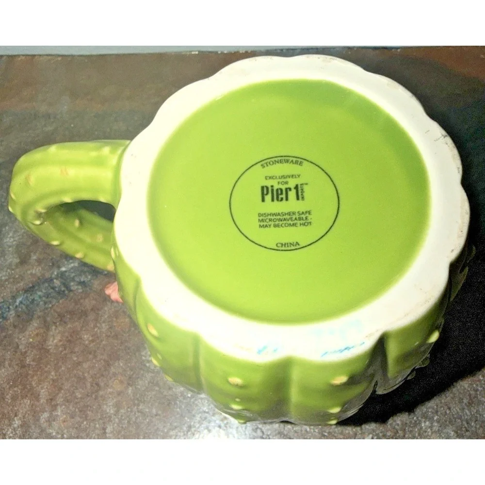 Pier 1 Cactus Mug Green Stoneware Flower Handle Coffee Cup EUC